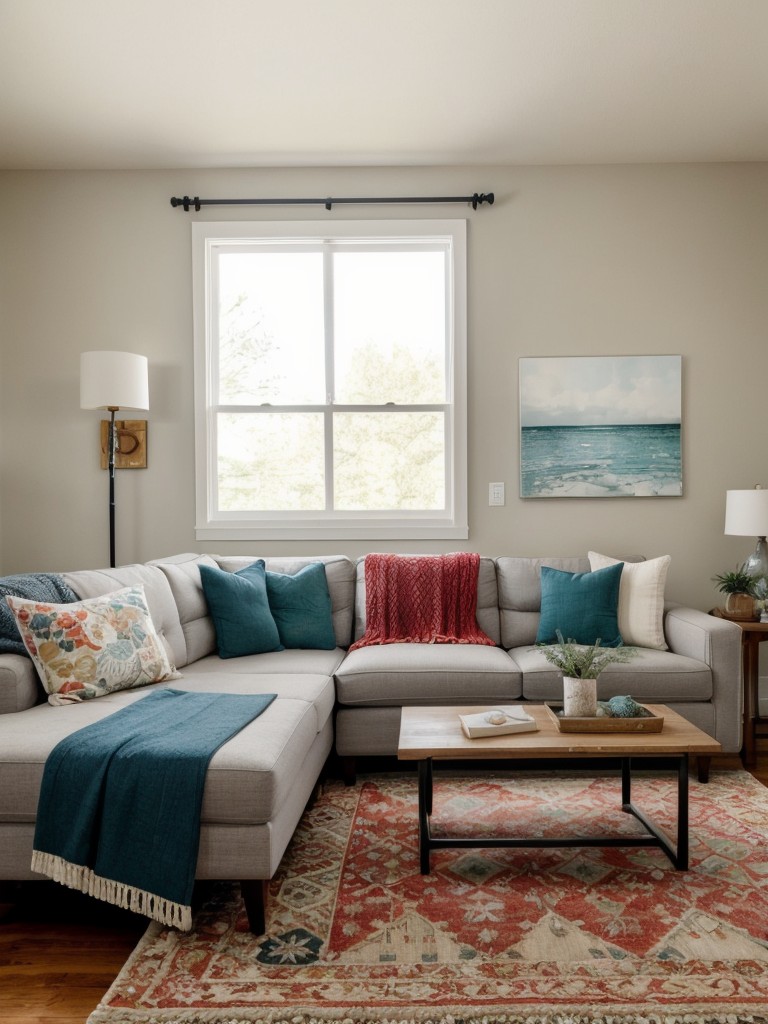Add pops of color through inexpensive throw pillows, blankets, or accent rugs to liven up the space and add personality.