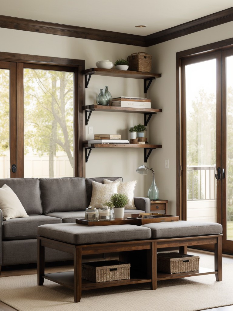 Incorporate multipurpose furniture like storage ottomans or coffee tables with built-in shelving to maximize functionality.