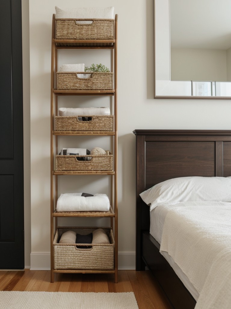 Opt for space-saving storage solutions such as wall-mounted shelves, baskets, and under-bed storage.