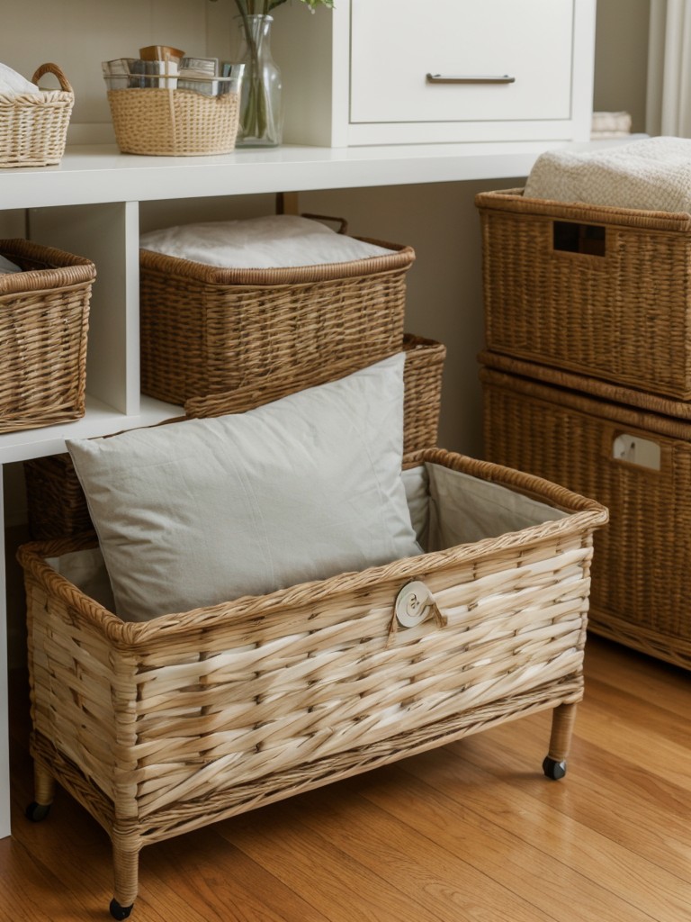 Utilize decorative storage boxes or baskets that can also serve as an additional seating option when needed.