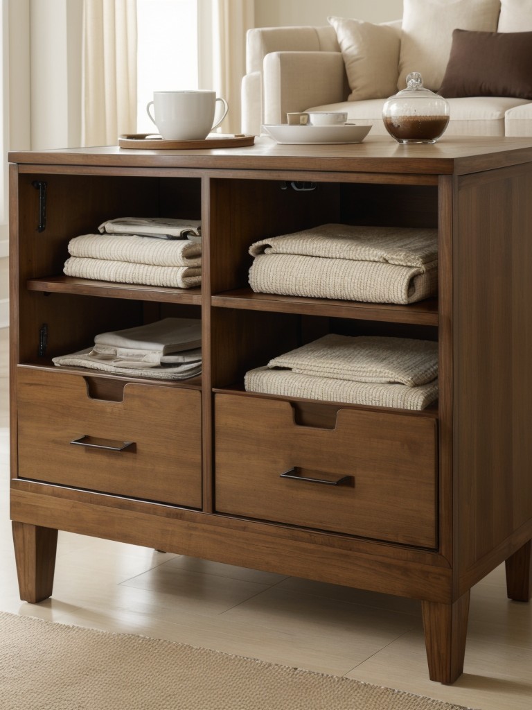 Choose furniture with hidden storage compartments, such as ottomans with lift-up lids or coffee tables with drawers.