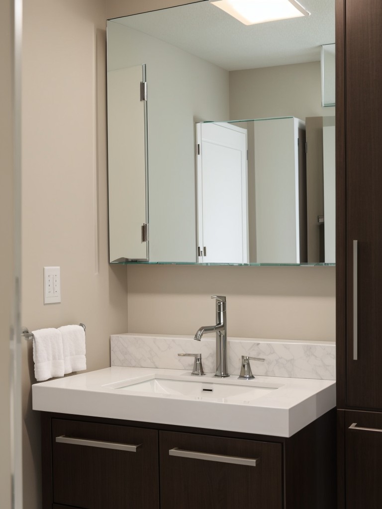 Install a floating vanity with a large mirror to create the illusion of a bigger bathroom.