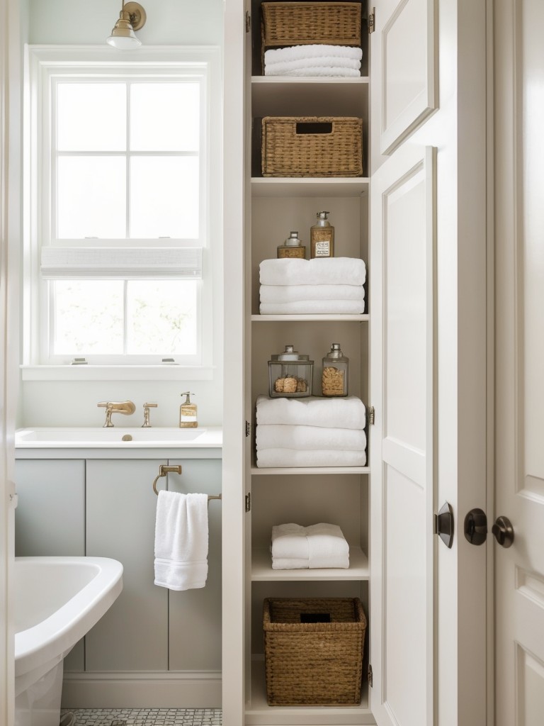 Opt for open shelving instead of traditional cabinets to create a more open and airy atmosphere in a small bathroom.