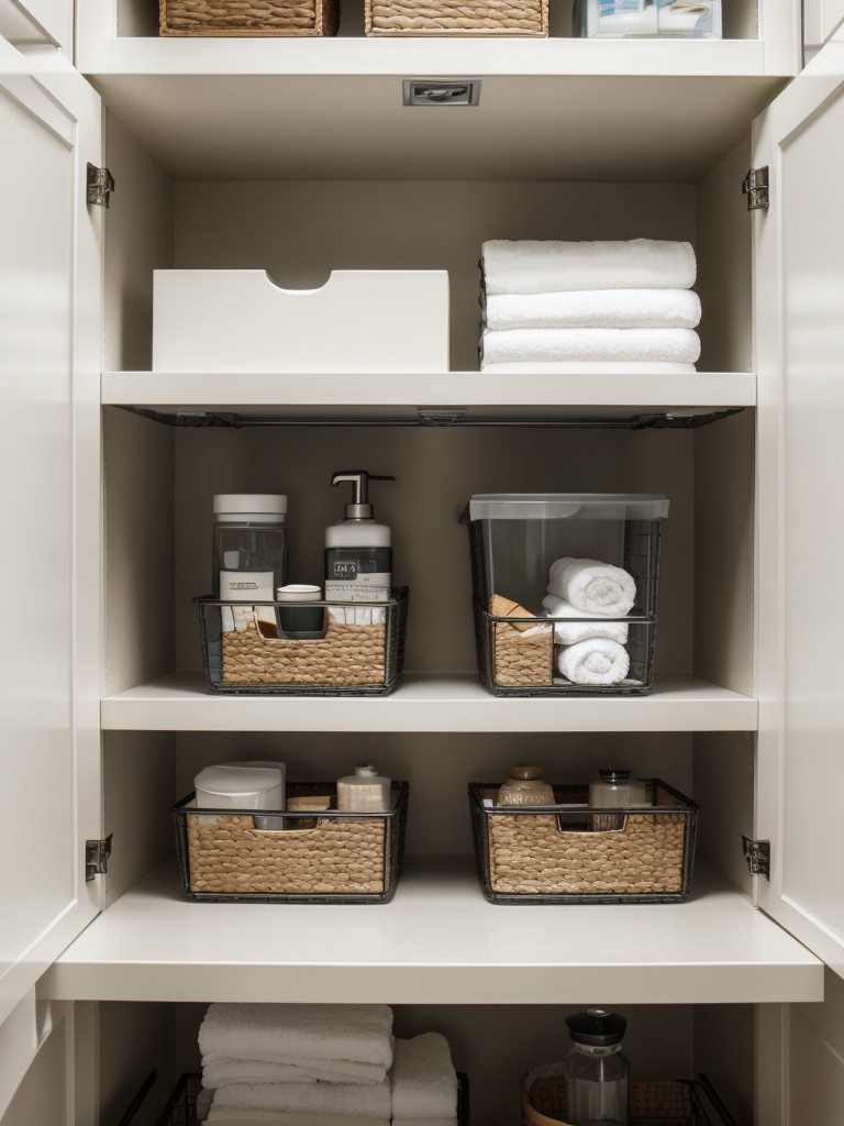 Utilize stackable or wall-mounted storage solutions to make the most of limited bathroom cabinet space.