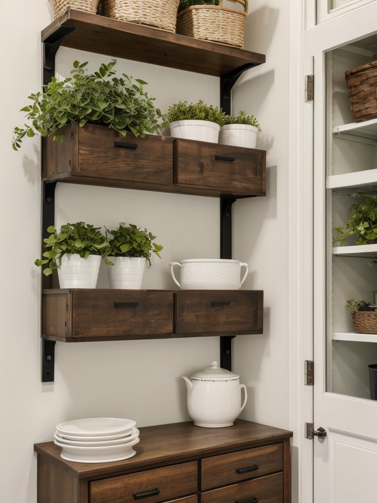 Utilize wall-mounted storage solutions to maximize space, such as floating shelves and hanging baskets.