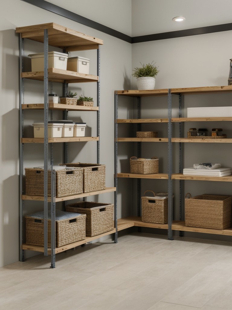 Creating additional storage space with corner shelving units and overhead storage racks.