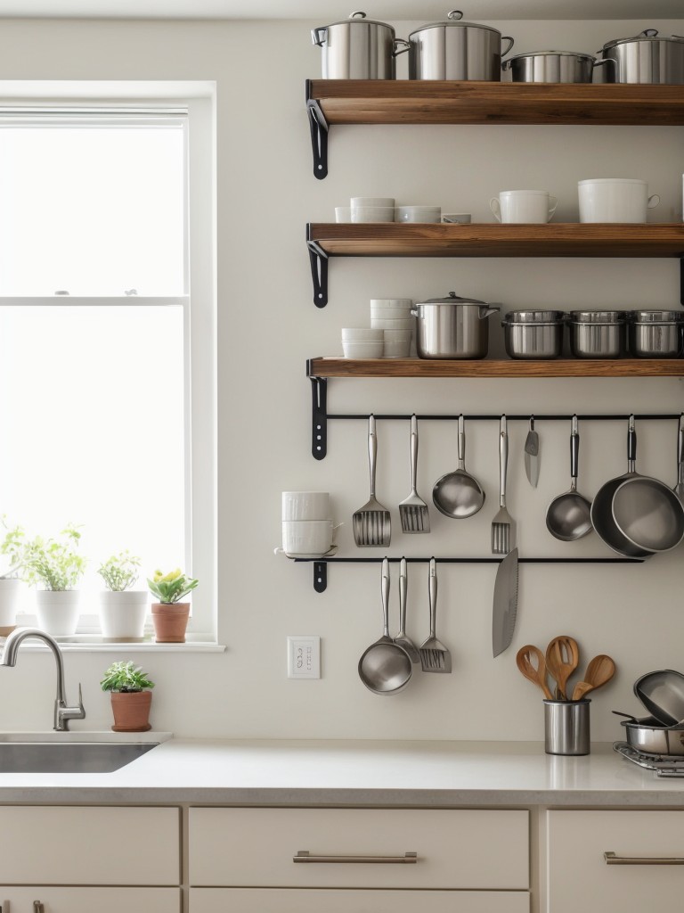 Implementing clever storage solutions like magnetic knife racks and hanging pots and pans.