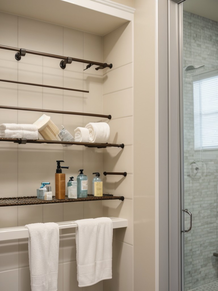Installing a tension rod in the shower to hang baskets or shelves for bath products.