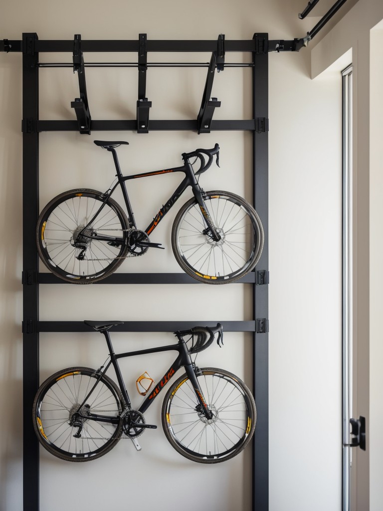 Using wall-mounted bike racks or hanging hooks to store bicycles vertically.