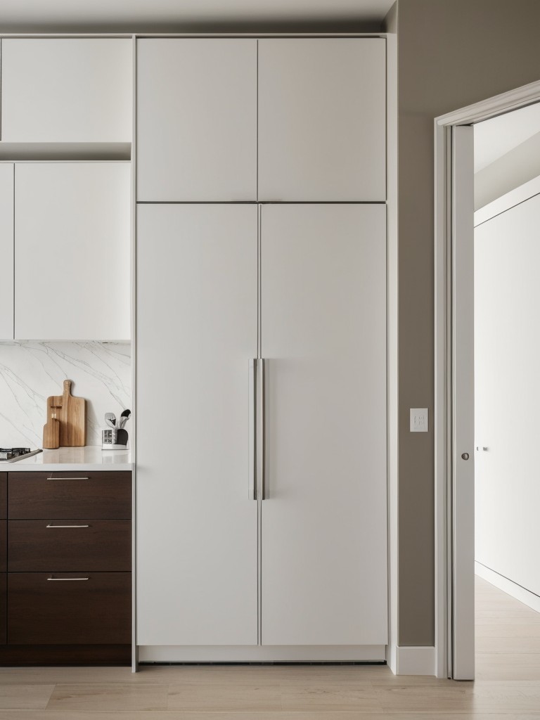 Create a minimalist kitchen area with sleek, space-saving appliances and concealed storage.