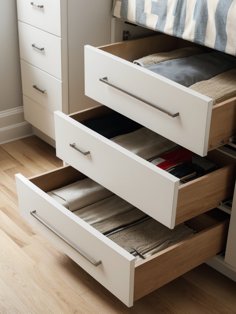Implement clever storage solutions under the bed, such as drawers or bins, to keep belongings organized.