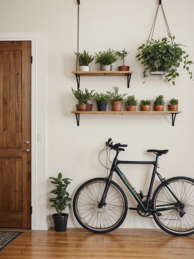 Make use of vertical space by installing hanging plants or a wall-mounted bike rack.