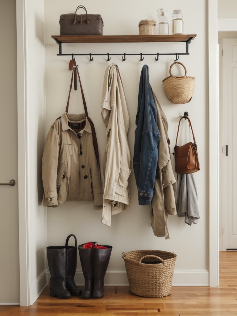 Use wall-mounted hooks or racks to hang items like coats, bags, or keys, freeing up valuable floor space.