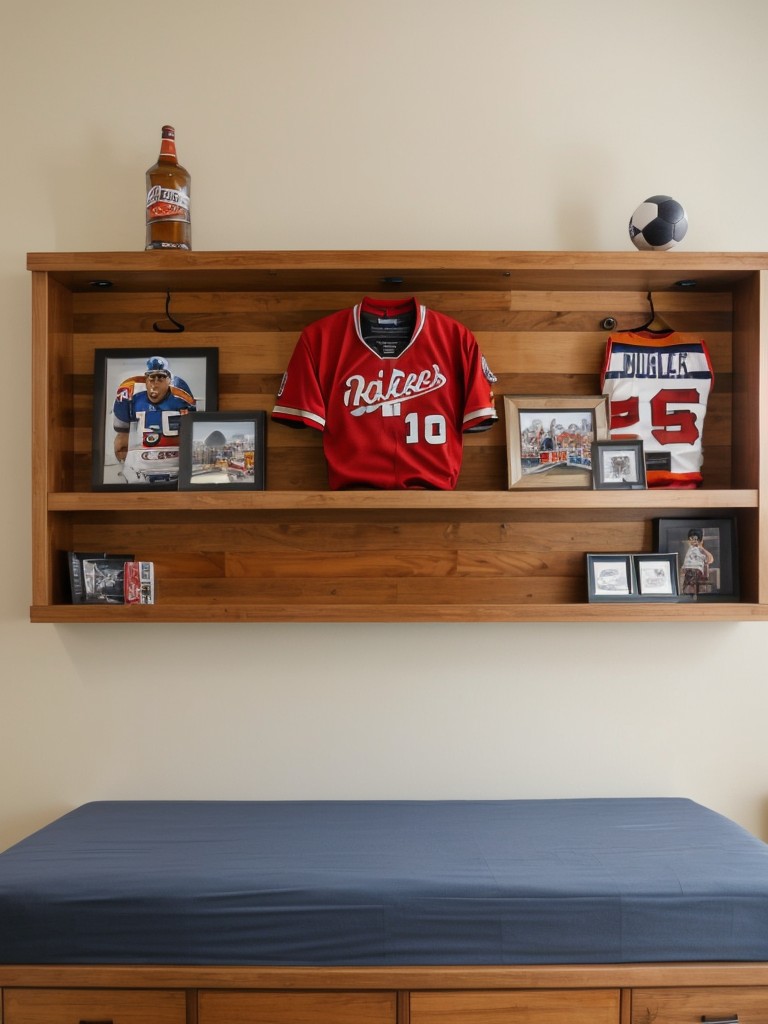 Add a touch of personality to a guy's apartment bedroom with sports-themed décor, wall art, and a display shelf for showcasing memorabilia.