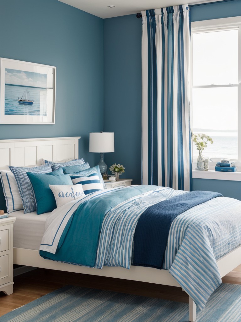 Create a beach-inspired apartment bedroom for guys with a nautical color palette, striped accents, and coastal-inspired artwork.