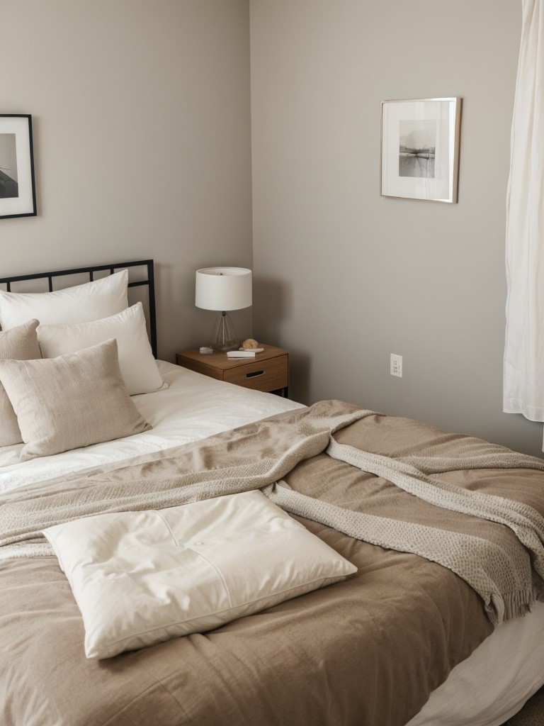 Create a cozy and modern apartment bedroom for guys by using a neutral color palette, plush bedding, and incorporating minimalist furniture pieces.