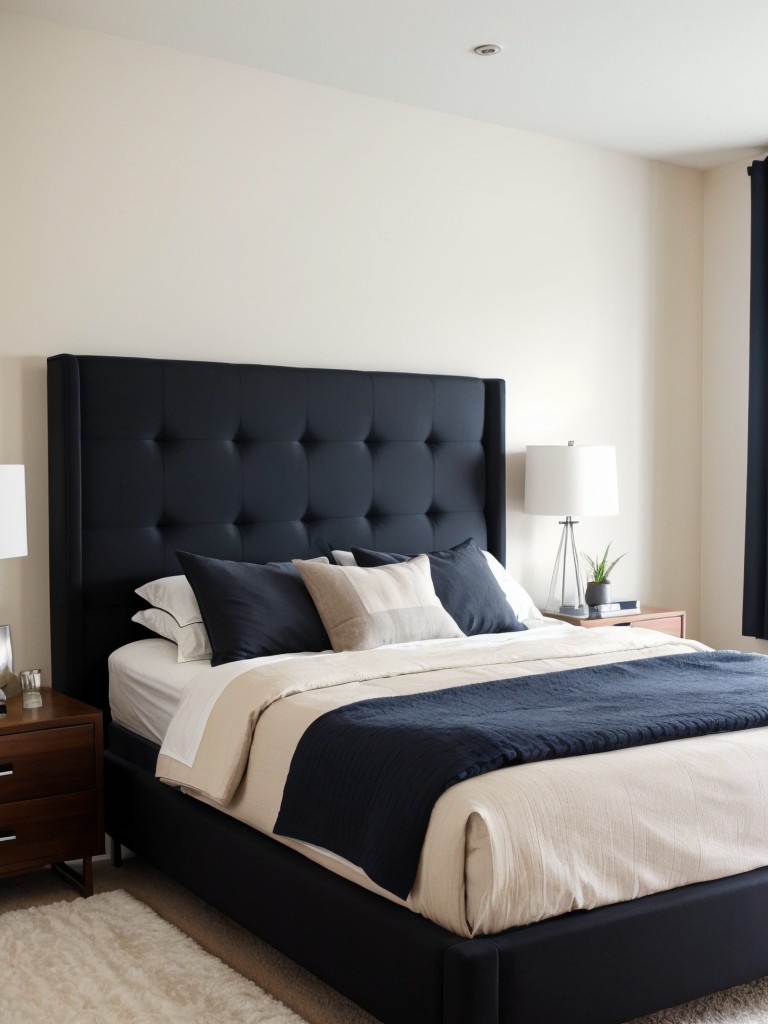 Create a modern bachelor pad vibe in a guy's apartment bedroom with a statement headboard, sleek furniture designs, and a bold color scheme.
