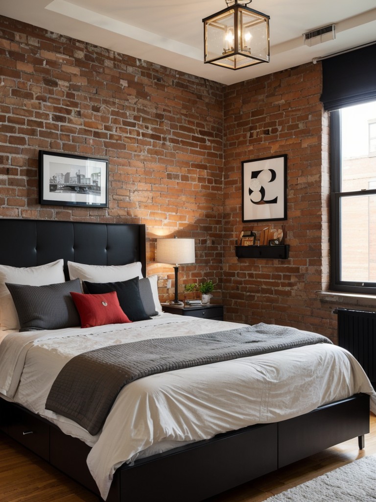 Create a modern and urban apartment bedroom for guys by incorporating bold graphic prints, exposed brick walls, and unique lighting fixtures.