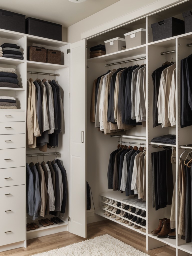 Create a stylish and organized apartment bedroom for guys with a built-in closet system, storage ottomans, and wall-mounted hooks for accessories.