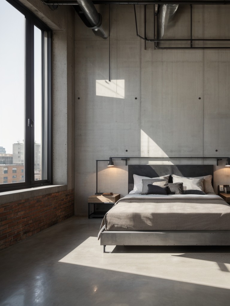 Create an urban loft-inspired apartment bedroom for guys by using exposed concrete walls, metal finishes, and industrial-style furniture pieces.