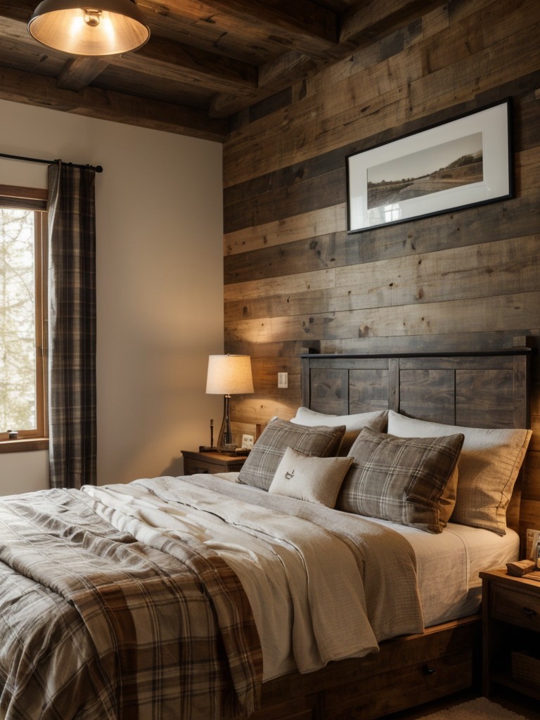 Design a cozy and rustic apartment bedroom for guys by incorporating natural wood finishes, plaid accents, and warm lighting fixtures.