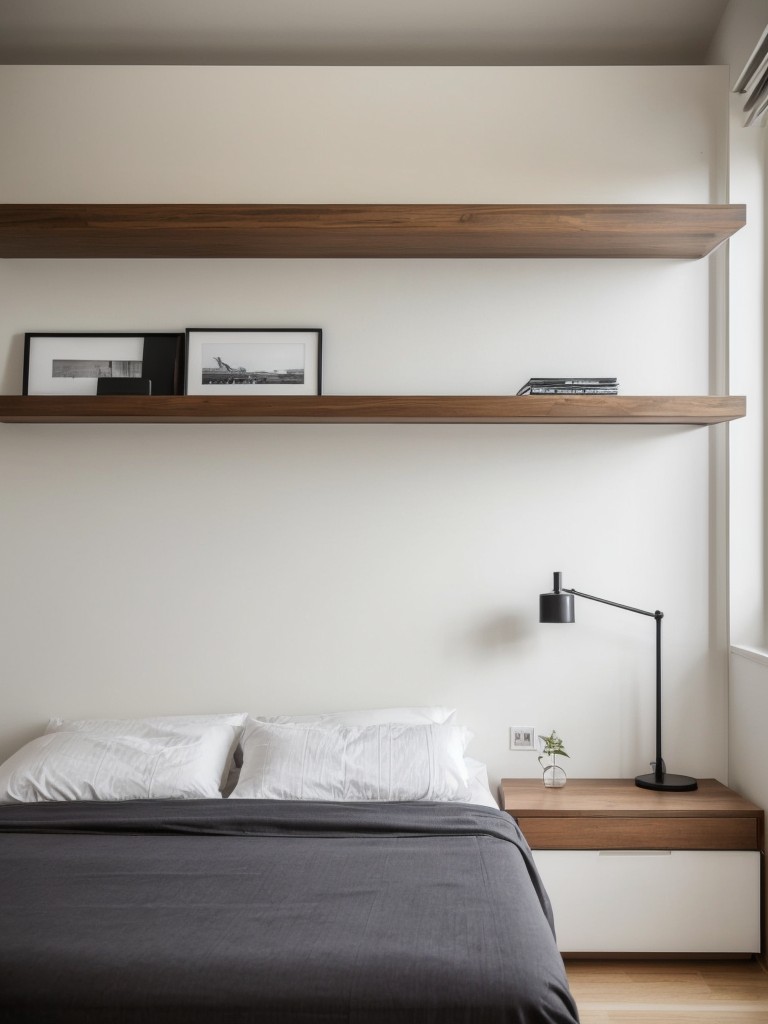 Design a minimalist and sleek apartment bedroom for guys with a platform bed, floating shelves, and smart storage solutions for clothing and personal items.