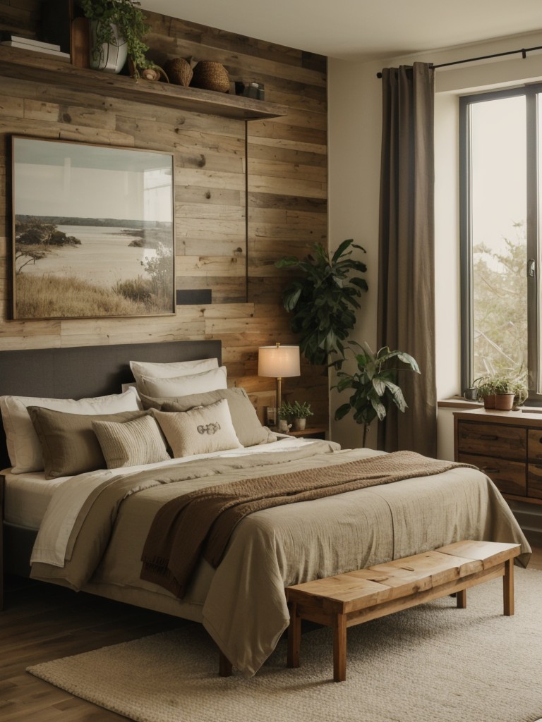 Design a nature-inspired apartment bedroom for guys by incorporating natural materials, earthy tones, and plant accents for a calming and relaxing atmosphere.