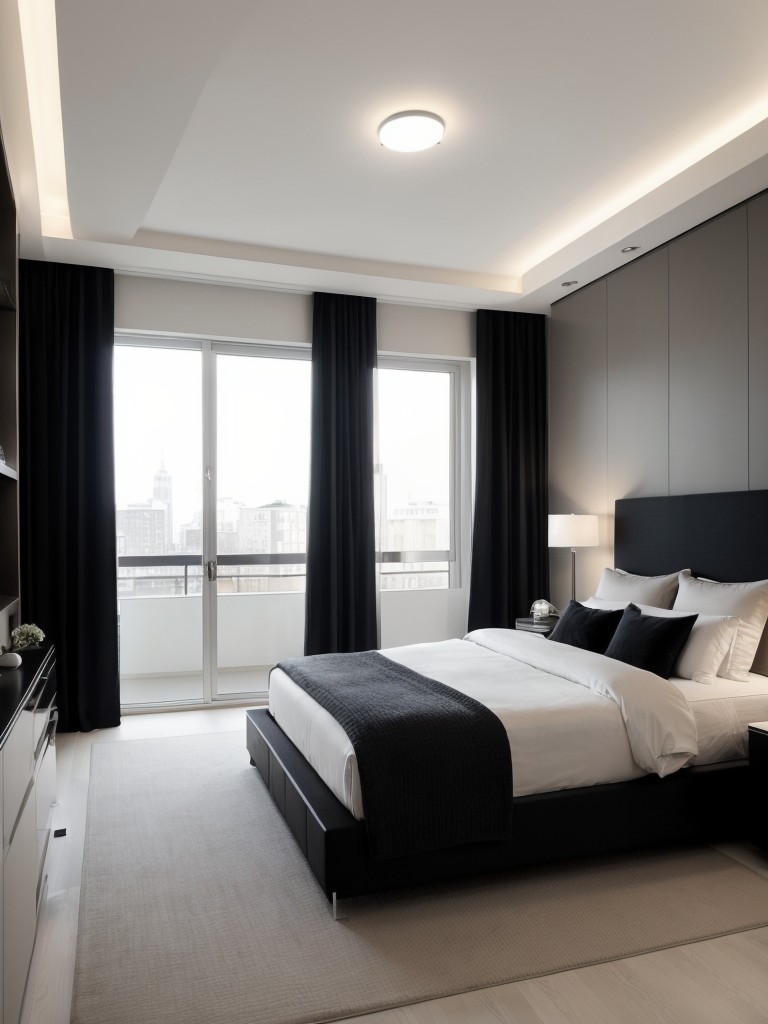 Design a sophisticated and sleek apartment bedroom for guys by incorporating sleek furniture designs, a monochromatic color scheme, and sophisticated lighting fixtures.