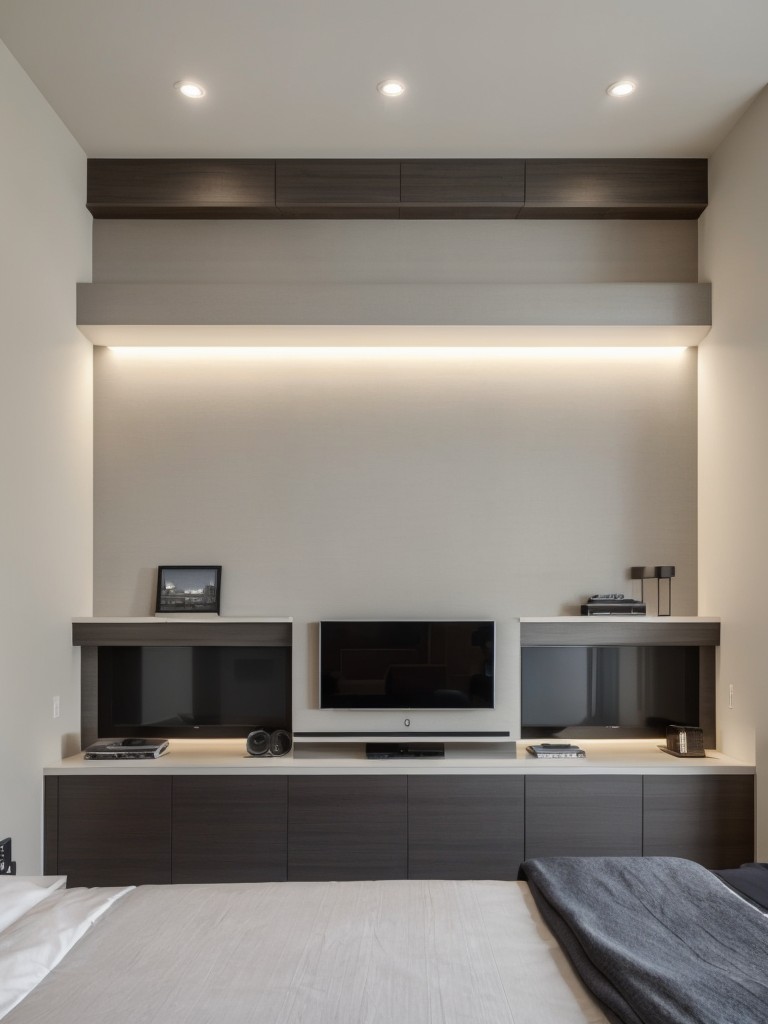 Design a tech-savvy apartment bedroom for guys by incorporating smart home technology, integrated audio systems, and built-in charging stations.