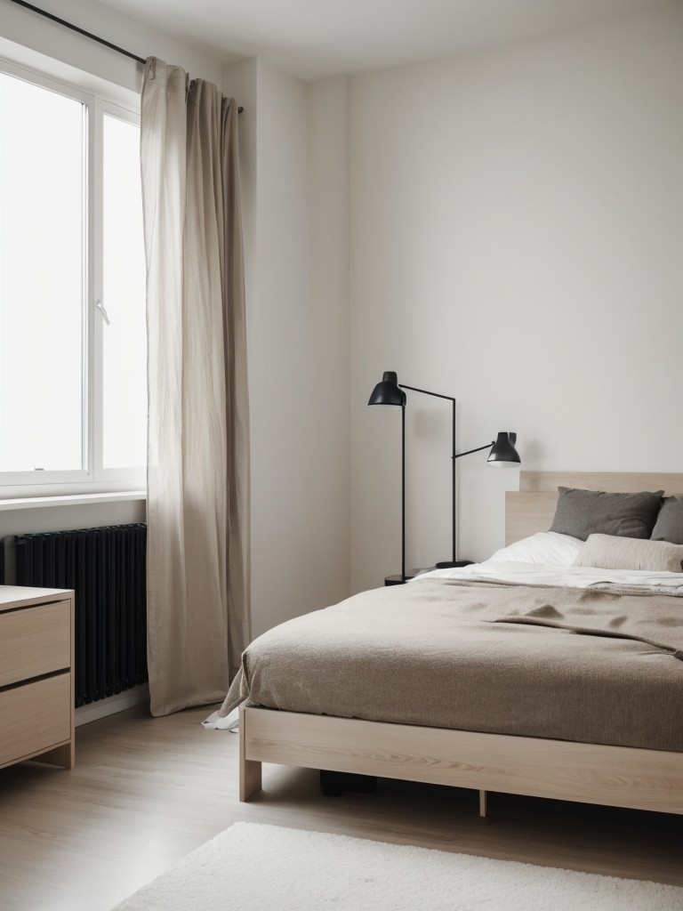 Embrace a minimalist design approach in a guy's apartment bedroom by using clean lines, a neutral color palette, and functional furniture pieces with hidden storage.