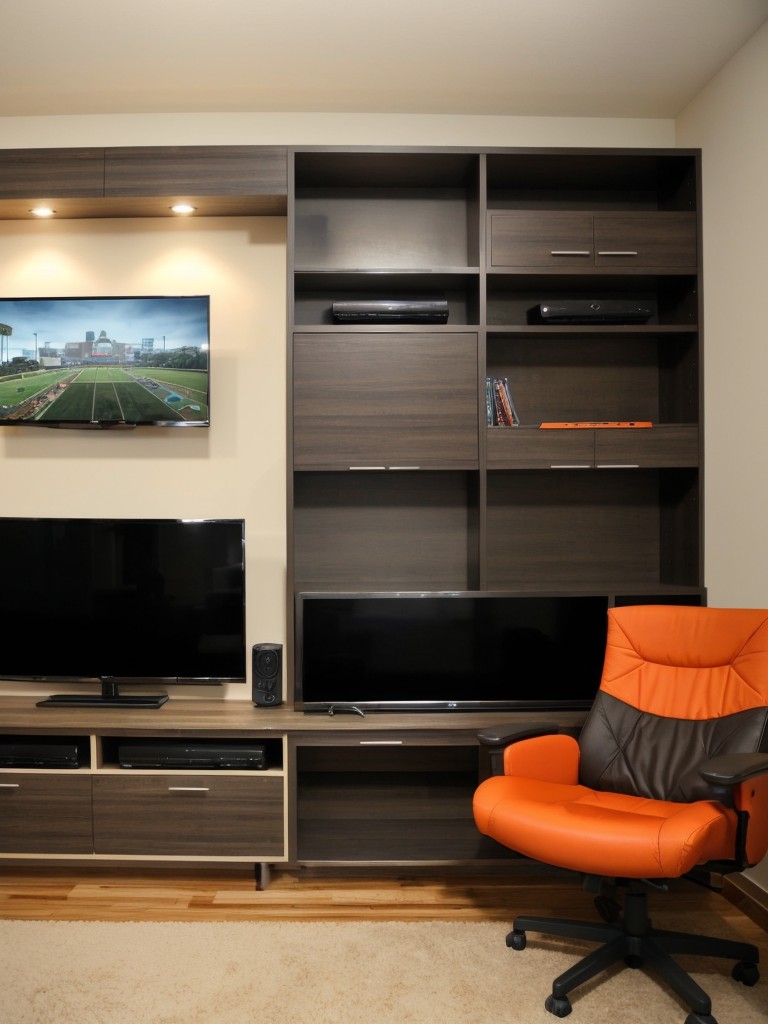 Incorporate a gaming area in a guy's apartment bedroom with a comfortable gaming chair, wall-mounted TV, and dedicated storage for game consoles and accessories.