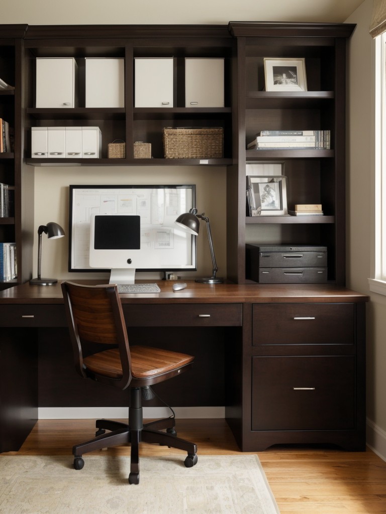 Incorporate a home office area in a guy's apartment bedroom by utilizing a compact desk, ergonomic chair, and organizing solutions for books and electronics.