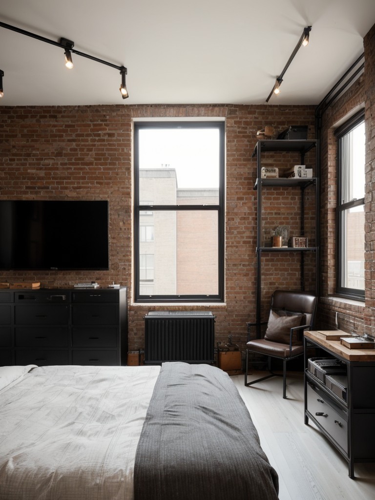 Masculine apartment bedroom ideas with a sleek and industrial design aesthetic, incorporating elements such as exposed brick, metal finishes, and leather accents.