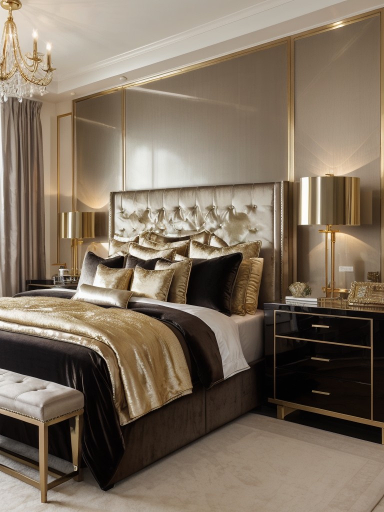 Opt for a luxurious and glamorous apartment bedroom design for guys with a tufted headboard, velvet accents, and gold or silver finishes.