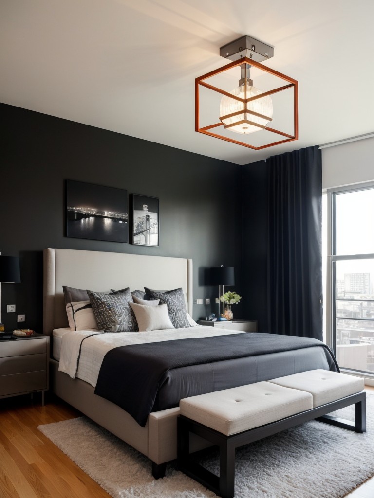 Opt for a modern and edgy apartment bedroom design for guys by incorporating bold color accents, geometric patterns, and statement lighting fixtures.