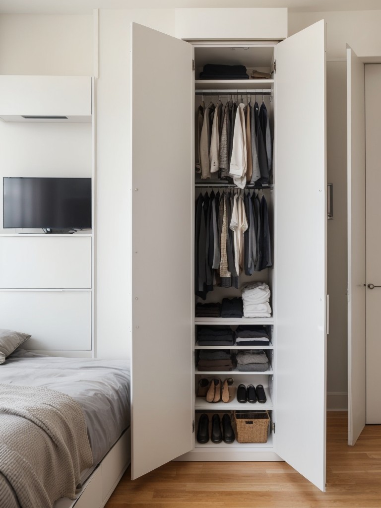 Optimize space in a small apartment bedroom for guys with functional storage solutions like under-bed drawers, wall-mounted shelves, and a wardrobe system.