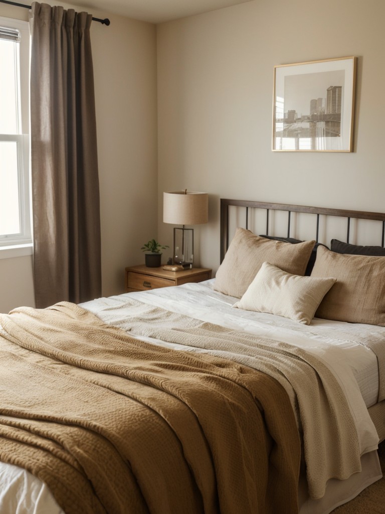 Transform a guy's apartment bedroom into a cozy and inviting space with the use of warm and earthy tones, layered textiles, and soft lighting.