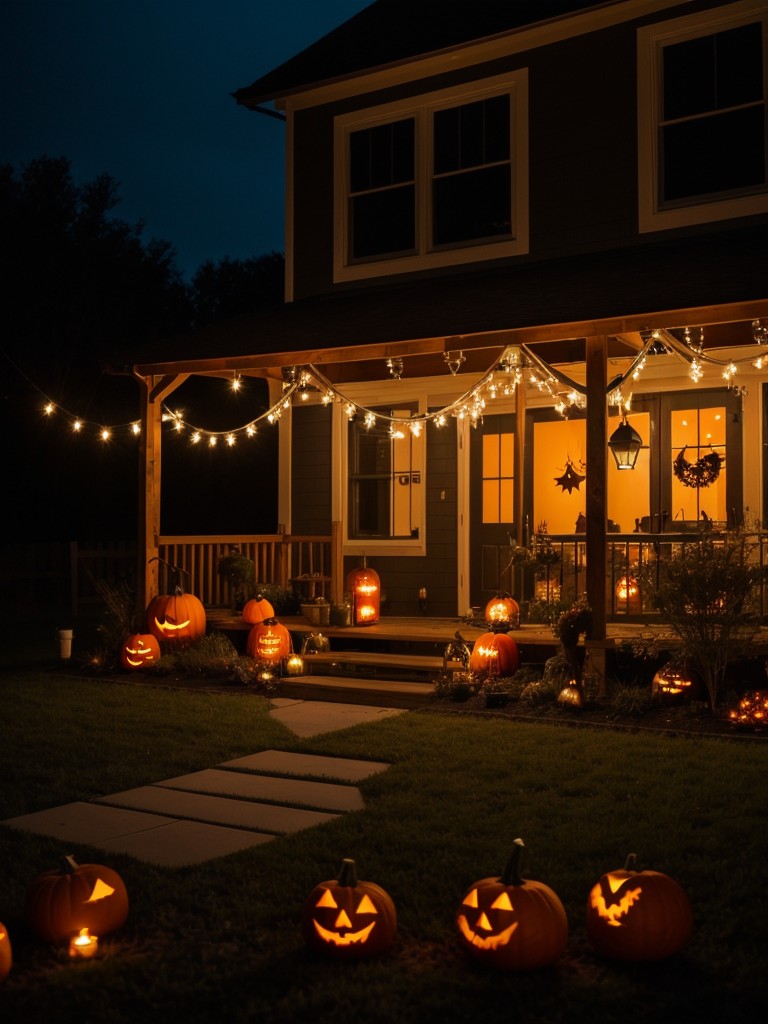 Create a spooky atmosphere with string lights, lanterns, and lit pumpkins.