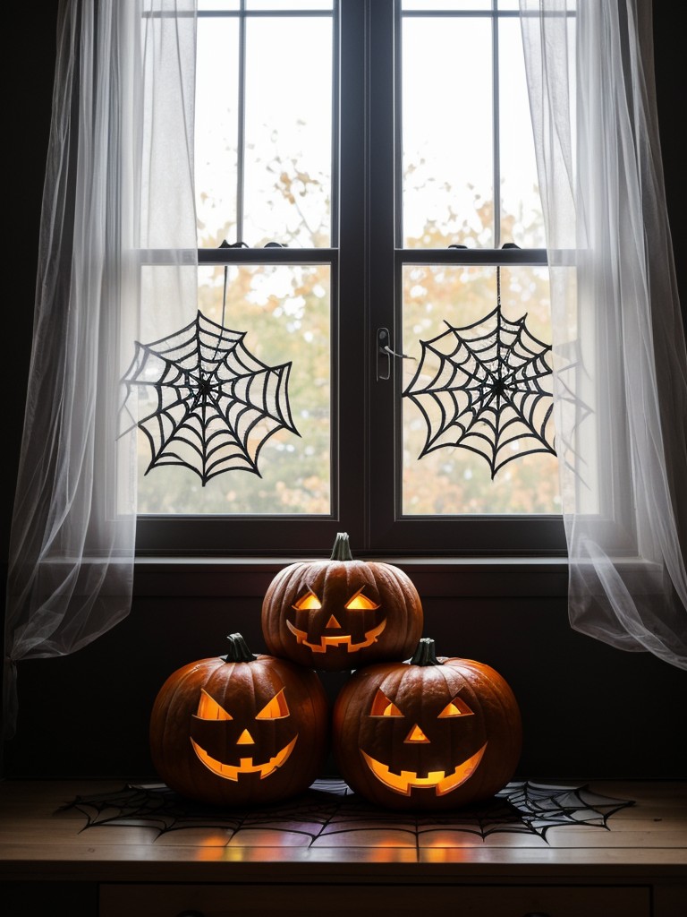 Hang spiderwebs made from fake cotton or use window clings for a quick and easy Halloween touch.