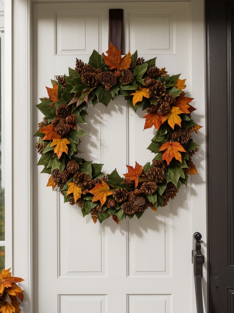 Hang a wreath made from fall leaves and fake spiders to greet your guests.