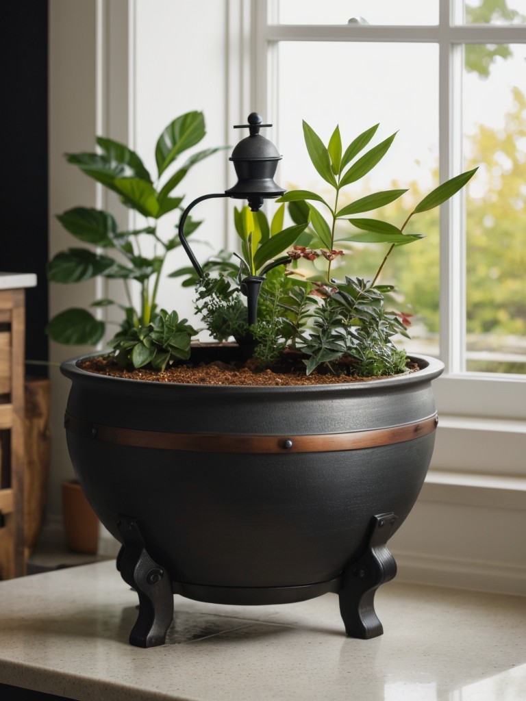 Incorporate a witch's cauldron as a unique plant pot or beverage dispenser.