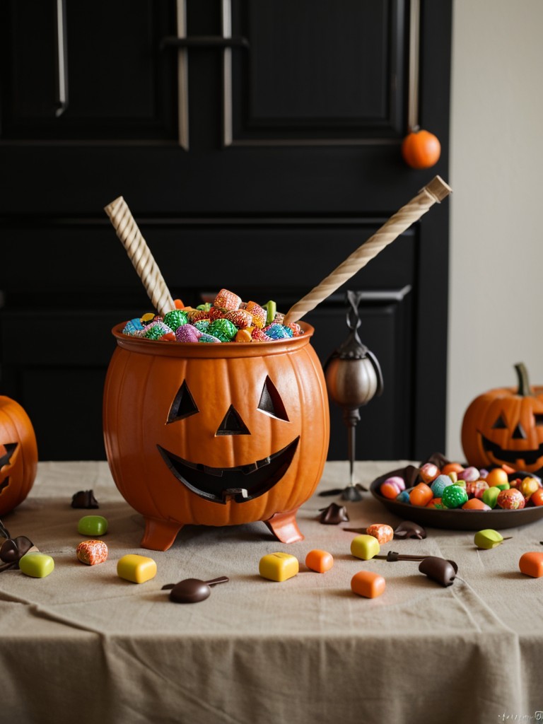 Set up a small table with a cauldron centerpiece filled with candy for trick-or-treaters.