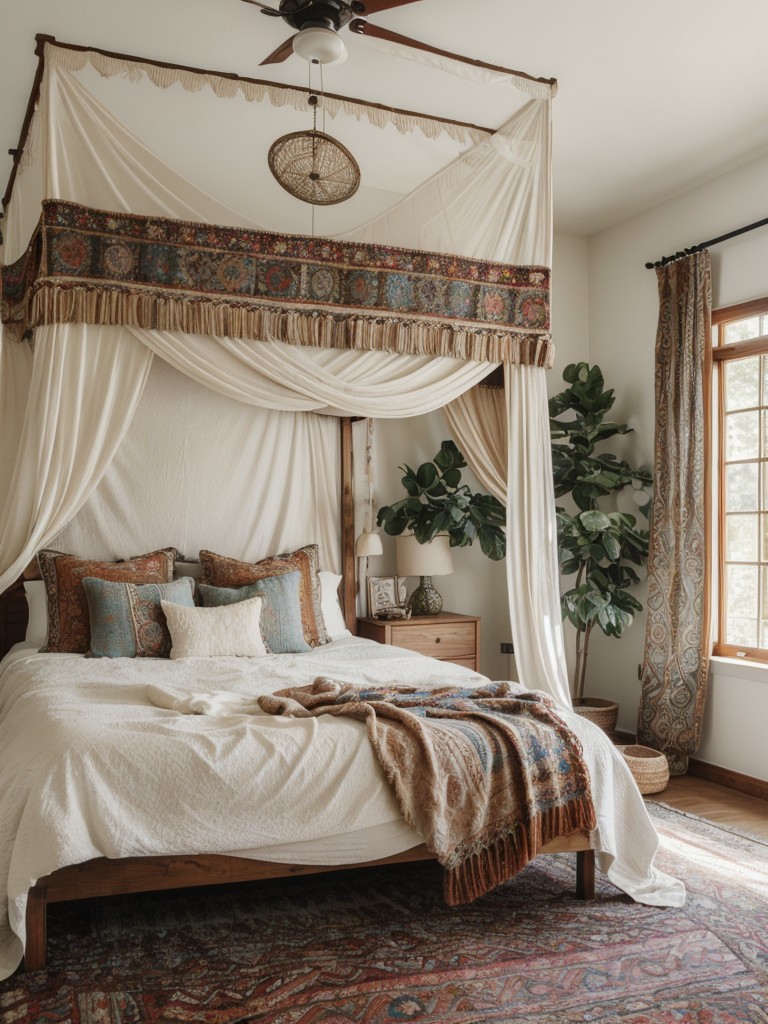 Bohemian-inspired bedroom with unique tapestries, patterned throw pillows, and a dreamy canopy bed for a free-spirited vibe.