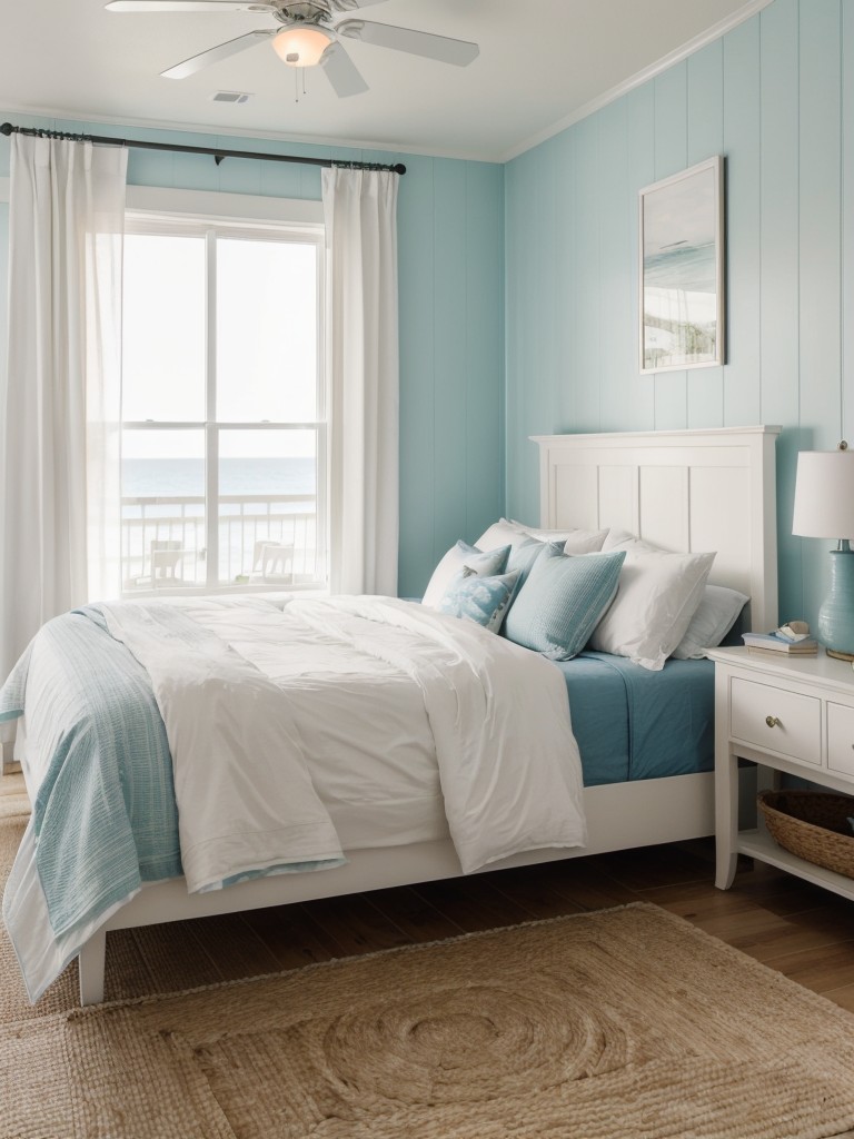 Coastal-themed bedroom with a light and airy color palette, nautical accents, and beach-inspired decor for a tranquil and relaxed vibe.