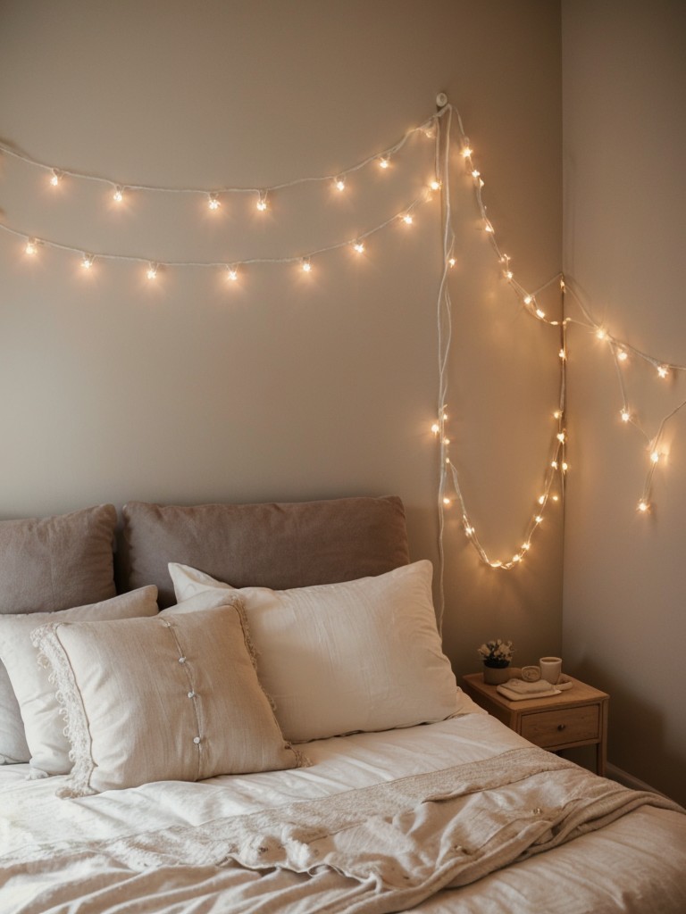 Cozy and inviting bedroom with a soft color palette, plush bedding, and delicate string lights for a romantic touch.