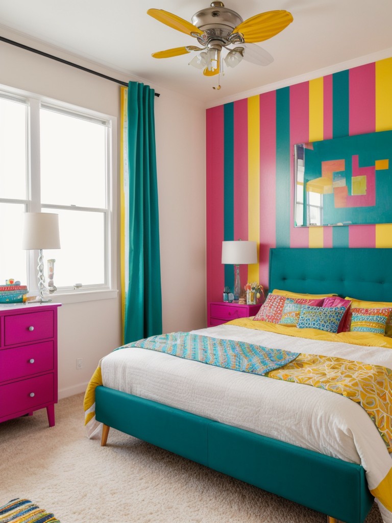 Eclectic and vibrant bedroom with bold patterns, bright colors, and mix-and-match furniture pieces for a playful and energetic look.
