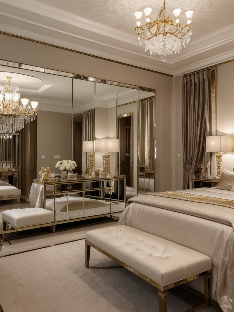 Glamorous bedroom with luxurious fabrics, statement lighting, and mirrored surfaces for a touch of opulence and elegance.