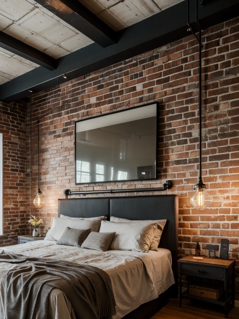 Industrial-chic bedroom with exposed brick walls, metal accents, and vintage-inspired lighting fixtures for a trendy and urban feel.