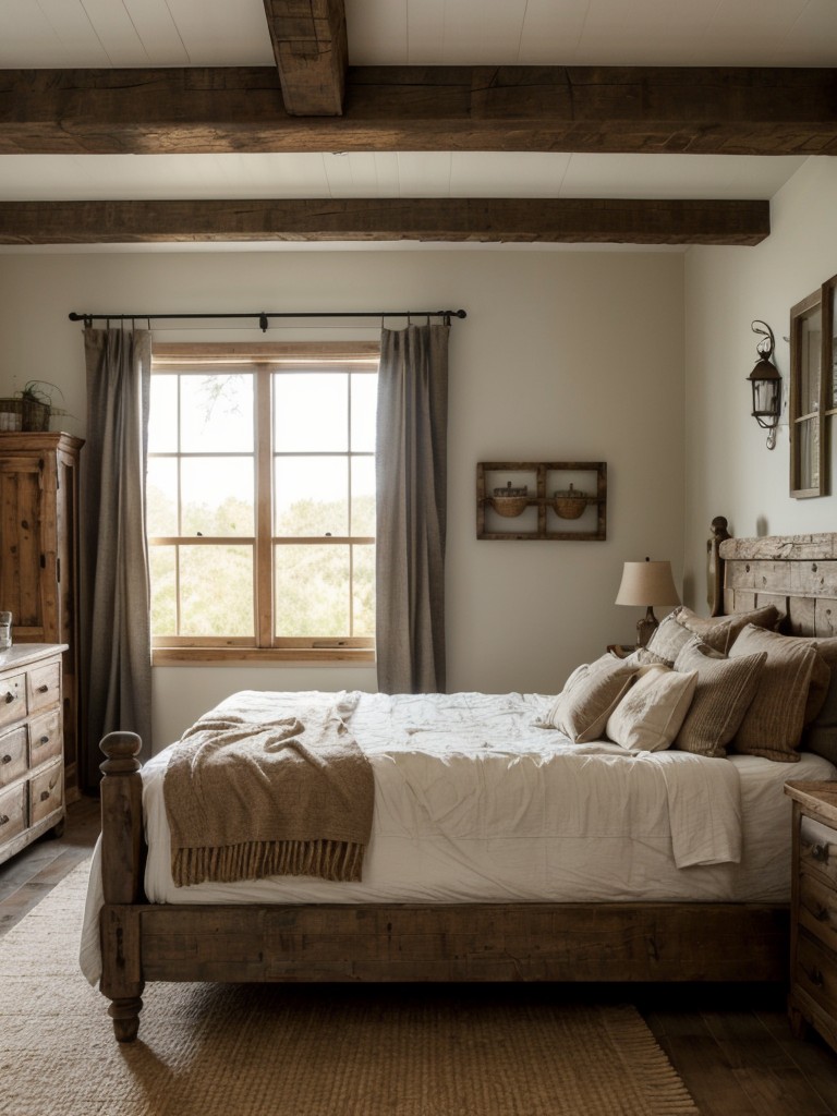 Rustic farmhouse bedroom with weathered wood furniture, cozy textiles, and vintage decor elements for a warm and charming rustic appeal.