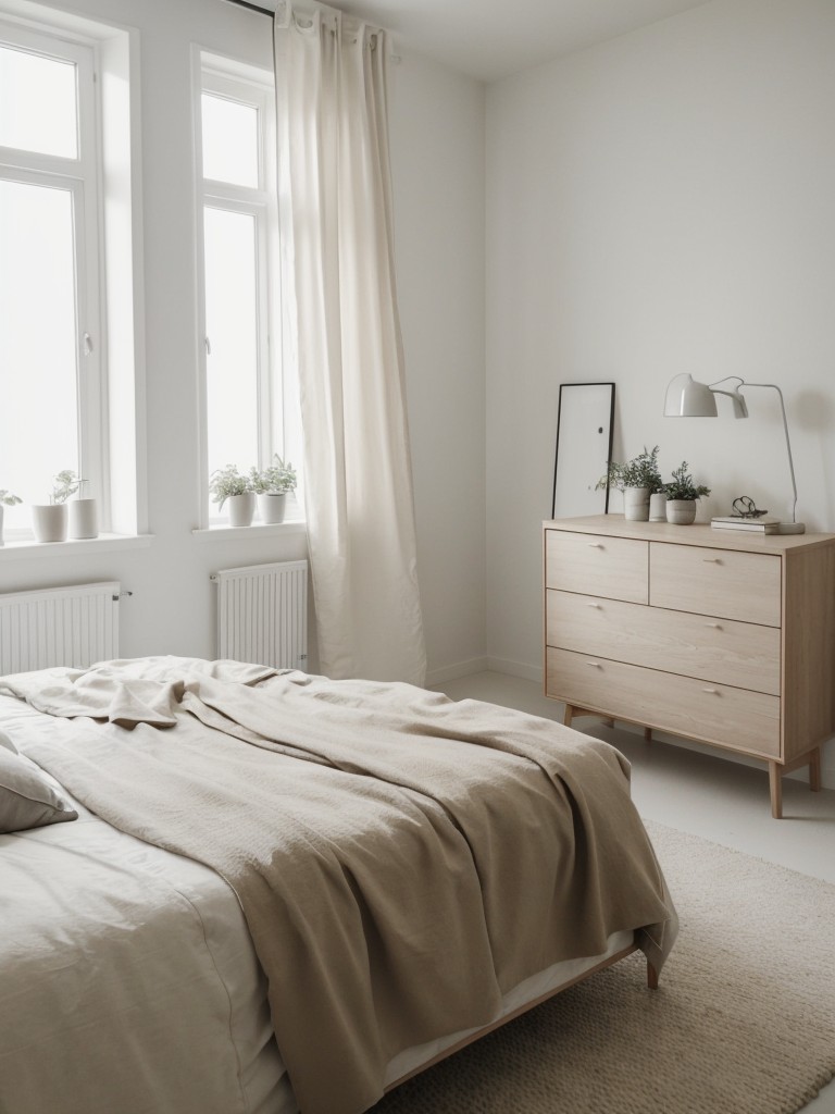 Scandinavian-inspired bedroom with a neutral color scheme, natural textures, and minimalistic furnishings for a sleek and calming ambiance.